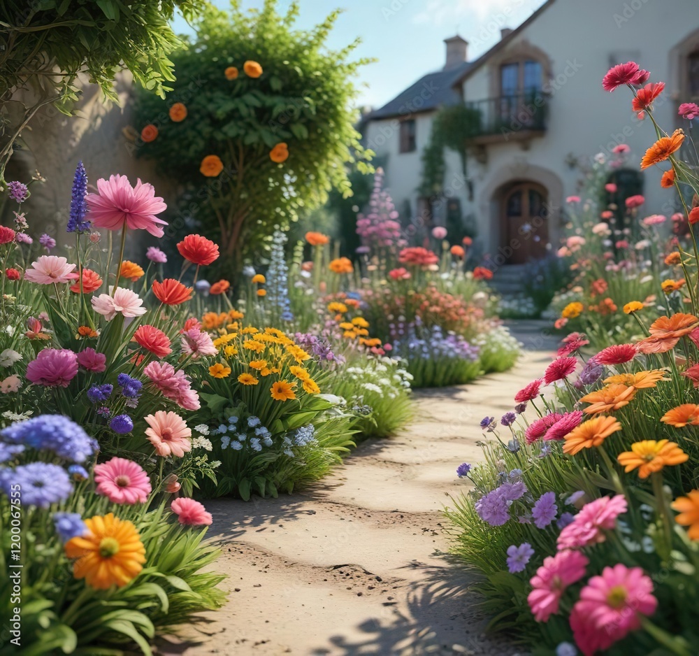 Fototapeta premium Playful flower garden with whimsical floral arrangements, flowers, nature, flower garden, colorful, playful