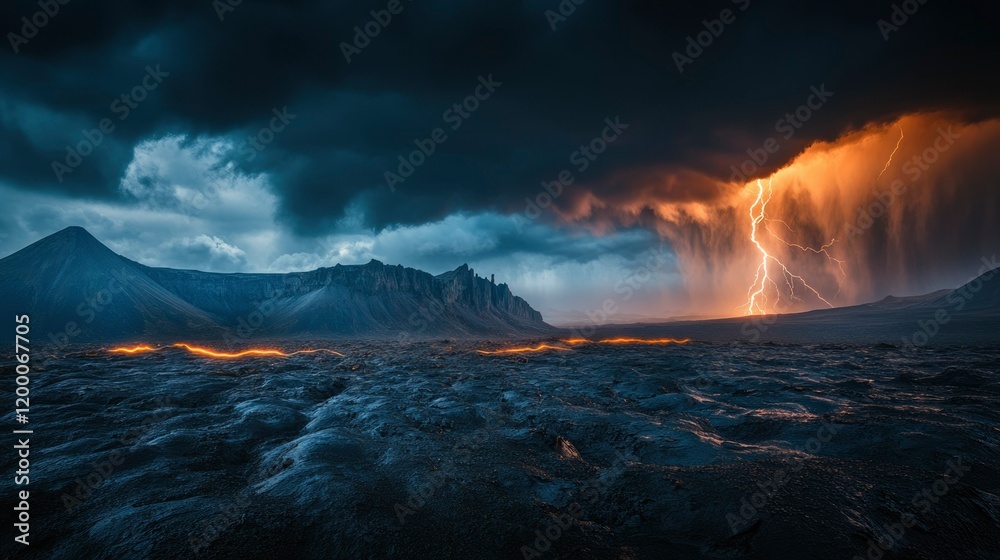 Naklejka premium Volcanic Landscape Under a Dramatic Lightning Storm