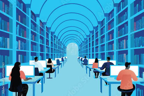 A vibrant illustration depicting the interior of a bustling college library, filled with students studying, researching, and engaging in academic pursuits.