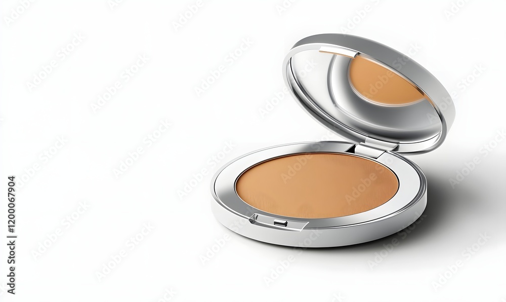 Open compact of light brown face powder in silver case. Open compact of light brown face powder in silver case.