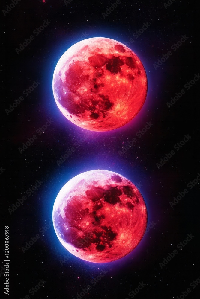 Vivid red moons with a cosmic glow symbolize the mystery of lunar eclipses, ideal for Halloween themes, in a vibrant celestial style Vivid red moons with a cosmic glow symbolize the mystery of lunar eclipses, ideal for Halloween themes, in a vibrant celestial style