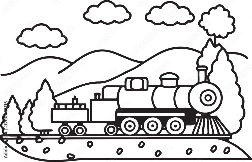 Fototapeta premium Coloring Pages with train for kids, Vector black and white steam train. Public transport icon 