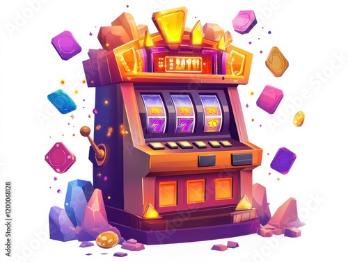 a stylized slot machine with retro-futuristic vibes, featuring bold geometric shapes, warm oranges photo