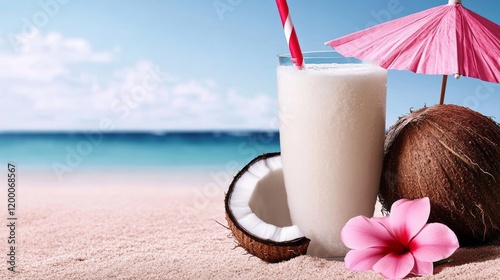 Refreshing tropical coconut drink with pink umbrella and flower on sandy beach, ideal for summer vacation themes, featuring a vibrant, exotic palette photo