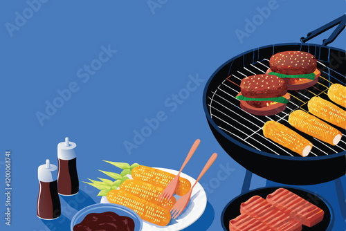 A vibrant and playful vector illustration depicting a BBQ feast with juicy ribs, mouthwatering burgers, and other grilling delights.
