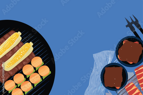 A vibrant and colorful vector illustration featuring a classic barbecue scene with delicious ribs, juicy burgers, and a variety of other grill favorites.