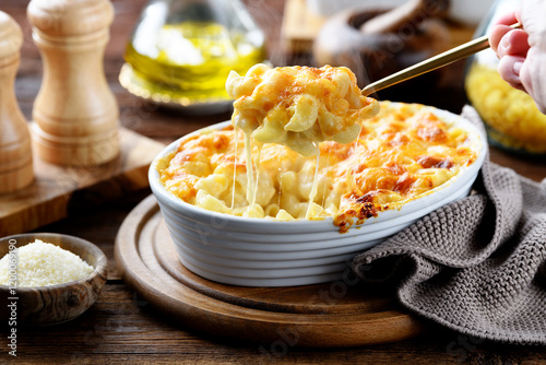 Homemade Fresh Baked Creamy Macaroni and Cheese, Pasta in a Baking Dish. Wooden background