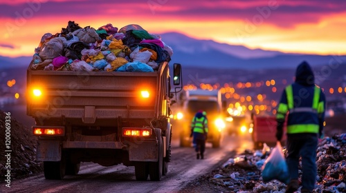 An evocative image depicting heavy trucks collecting waste at sunset, highlighting the contrasting themes of urban life and environmental responsibility in modern society. photo