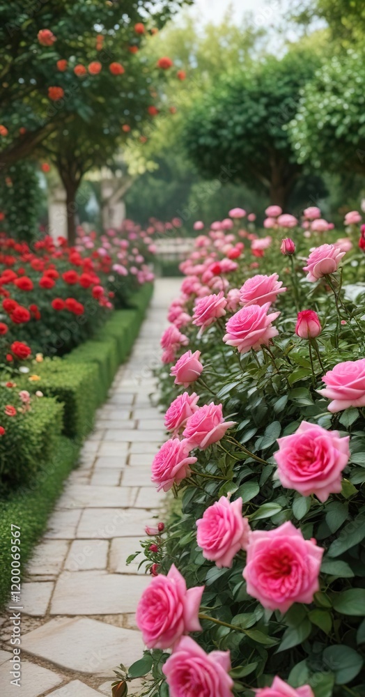 Fototapeta premium Red and pink roses blooming in a formal garden, ornamental, cultivated