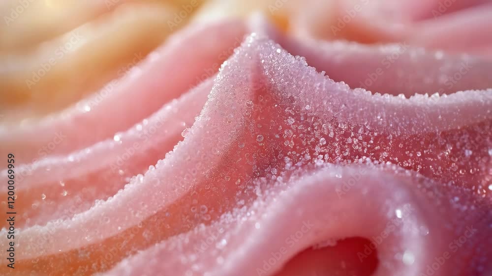 A close-up of a beautifully textured dessert with pink layers and sugar crystals, showcasing an artistic design. A close-up of a beautifully textured dessert with pink layers and sugar crystals, showcasing an artistic design.