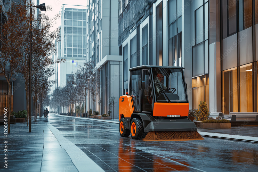 Fototapeta premium Street sweeper operating a compact vacuum machine along a modern city street.