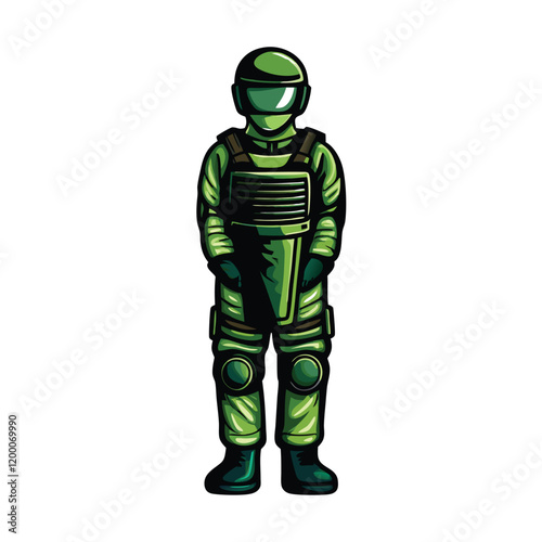 A detailed illustration of a paramilitary guard, clad in green tactical gear, holding a rifle and standing in a defensive stance.