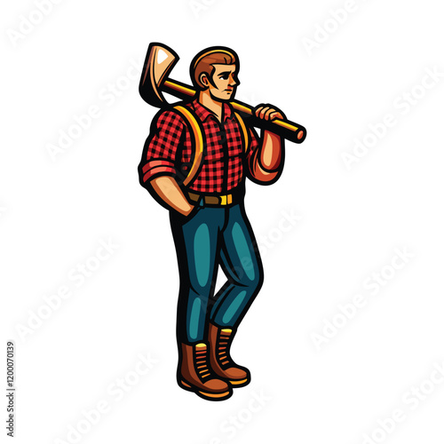 A stylized illustration of a lumberjack wearing a red plaid shirt, holding an axe, with a strong and determined expression.