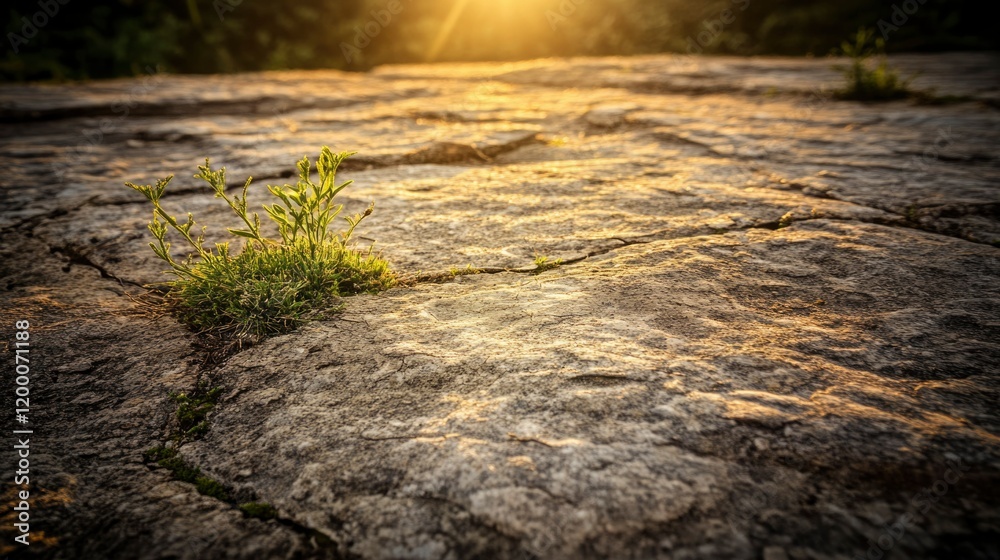Naklejka premium Small Plant Growing Through Cracked Stone Surface