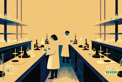 A vibrant and detailed vector illustration of a bustling science lab, showcasing various laboratory equipment, experiments, and test tubes filled with colorful liquids.