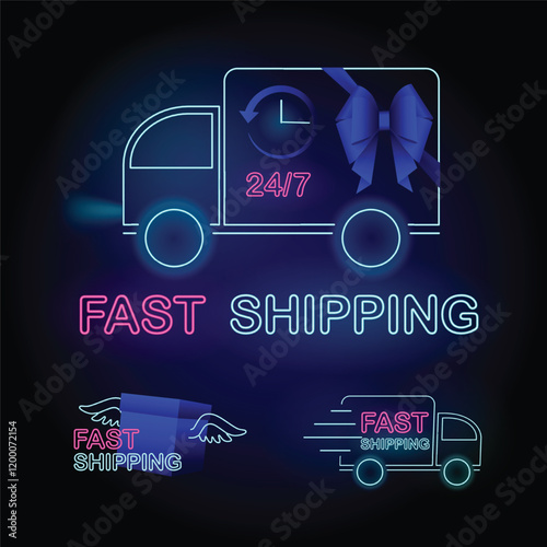 Neon Fast Shipping Banner Set, delivery Fast Shipping van, Fast Shipping box with wings, delivery truck with clock, inscription twenty-four seven and text Fast Shipping