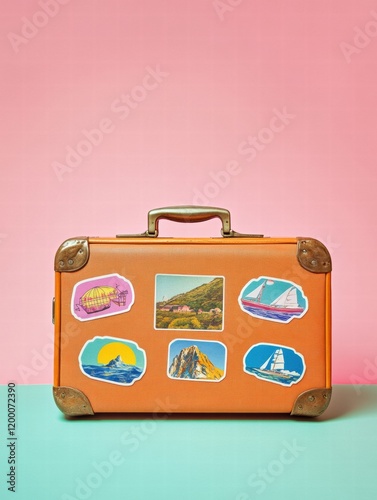 Retro suitcase decorated with vibrant travel stickers for a journey filled with adventure and memories. Generative AI photo