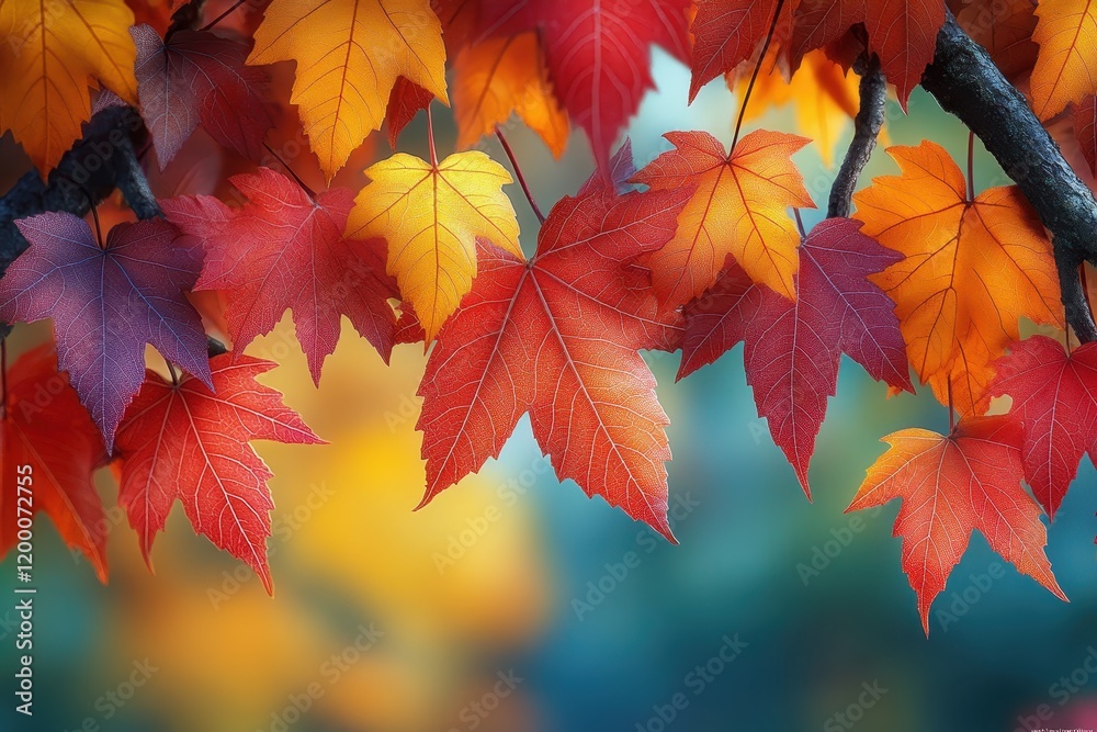 Vibrant autumn leaves in shades of red and orange against a blurred background.