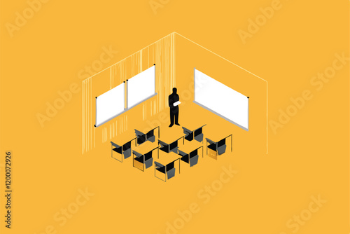 A clean and simple vector illustration of a minimalist classroom interior. The design should prioritize negative space and use a limited color palette.