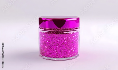 Pink glitter in a clear jar with a metallic pink lid. photo