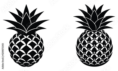 Set of detailed pineapple silhouette icon with spiky leaves