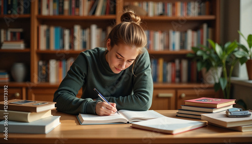 Studious young woman writing notes at study desk surrounded by books and plants