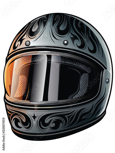 A motorcycle helmet with a tribal flame design and the number 6 prominently displayed.