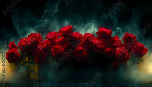 Red roses smoke dark studio background romance photo