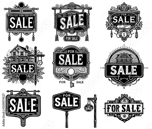 Vintage For Sale Sign Optimised Vector Artwork Line Art Designs Cutouts Stamp Illustrations Collection