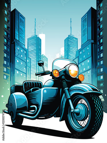 A classic motorcycle with a sidecar parked on a bustling city street, sunlight casting long shadows.