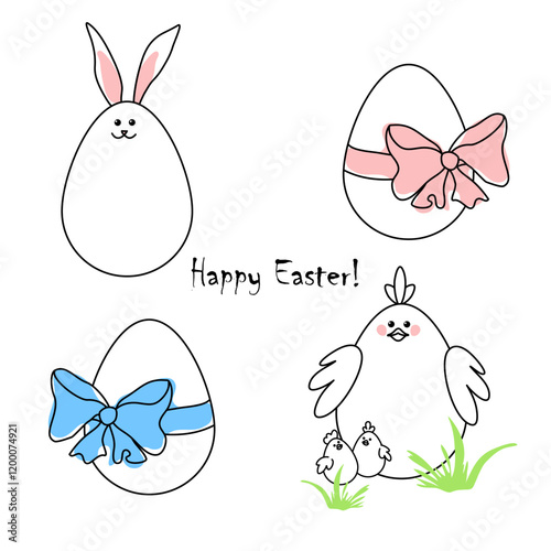 Set of Cute Line Illustrations Happy Easter