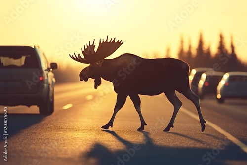 Large male moose crossing a highway at sunset, halting traffic and creating a potential hazard while silhouetted against the evening sky photo