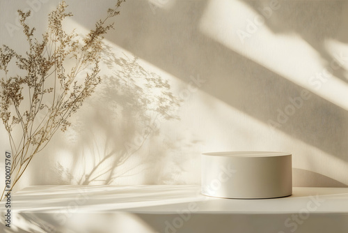 Minimalist white cylinder podium for product presentation with empty space