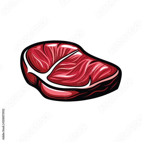 Create a highly detailed and realistic vector illustration of a juicy bison steak, perfectly seared with a deep, rich red interior.  The steak should be presented on a rustic wooden cutting board.