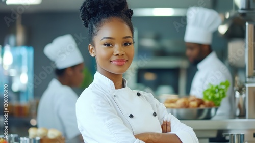 Young chef smiles confidently in busy kitchen while preparing meals during restaurant service hours