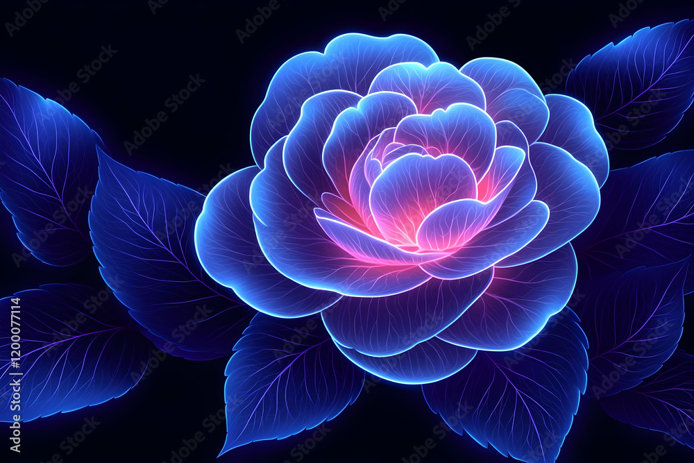 Obraz premium Glowing blue rose, dark background, floral art, digital design