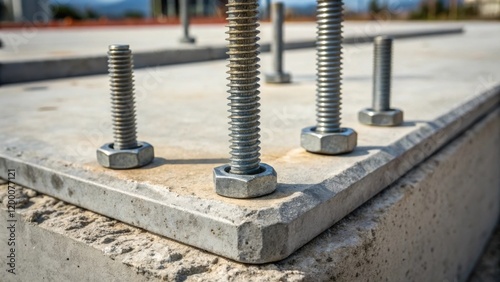 A closeup image of anchor bolts embedded in a concrete slab revealing their robust construction and critical function in securing a building to its foundation. photo