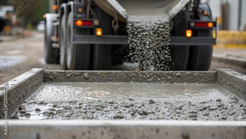 A closeup image highlighting the concrete truck pouring mix into the reservoir form with droplets splashing on the edges exemplifying the pouring process. photo