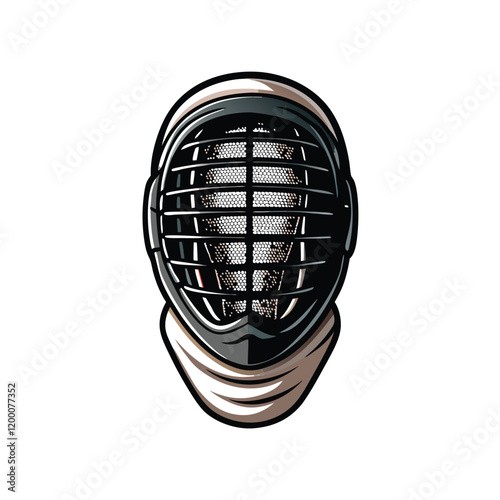 Create a realistic vector illustration of a fencing helmet with a mesh facemask.  Focus on intricate detail and accurate proportions.