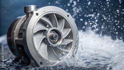 A closeup of a highspeed centrifugal pump its sleek rotating impeller in motion with splashes of water being propelled outward in the process.