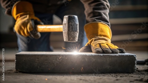 A closeup of a laborers gloved hands using a sledgehammer on a concrete slab with the impact momentarily brightening their face in the stark work light. photo