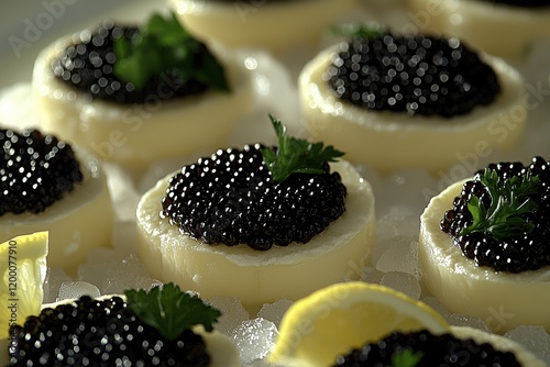 Vibrant display of caviar canapes garnished with lemon and parsley on crushed ice photo