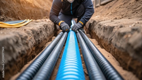 A closeup of an open trench filled with plastic conduits with one conduit being carefully fitted into place by a worker wearing gloves. photo