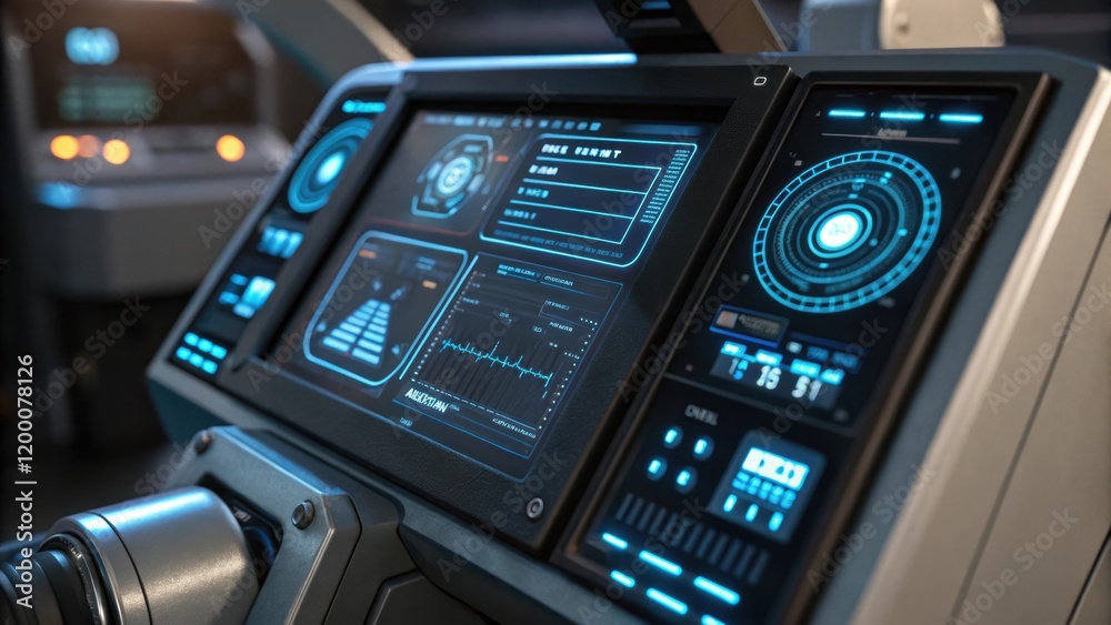 A closeup of a robotic arms control panel featuring glowing touchscreen displays with vivid graphs and operational statuses set in a hightech environment. A closeup of a robotic arms control panel featuring glowing touchscreen displays with vivid graphs and operational statuses set in a hightech environment.