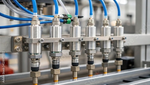 A closeup of a pneumatic system detailing tubes and valves as compressed air swiftly operates the packaging machinery for efficient movement and sealing processes.