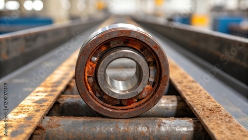 A closeup of a rusted conveyor bearing the oxidation clearly visible on the surface metal emphasizing the importance of regular maintenance in industrial settings.