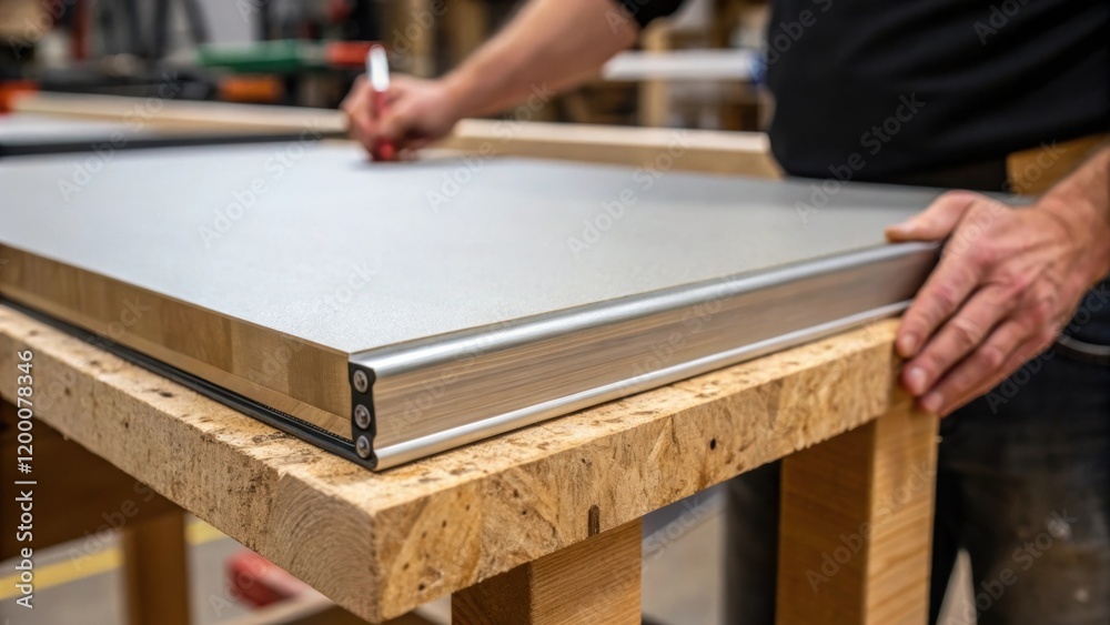 A closeup of a panels edge being carefully p onto a wooden support emphasizing the precision required in handling large heavy materials. A closeup of a panels edge being carefully p onto a wooden support emphasizing the precision required in handling large heavy materials.