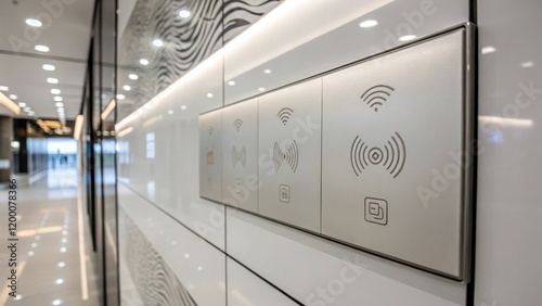 A closeup of a sleek touchsensitive wall panel with fingerprints visible symbolizing user interaction with advanced smart controls in a modern commercial space. photo