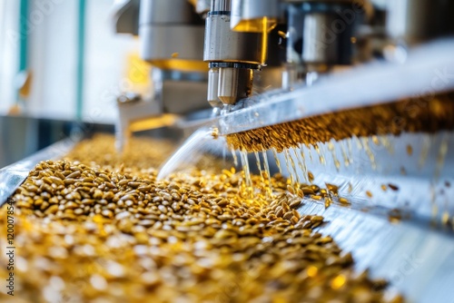 Sunflower seed pressing process using cold press machine to extract high-quality oil in a vibrant processing facility