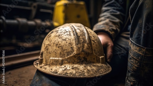 A closeup of a sy mudsplattered helmet resting on a mining operators knee with the faint sound of machinery echoing in the background. photo